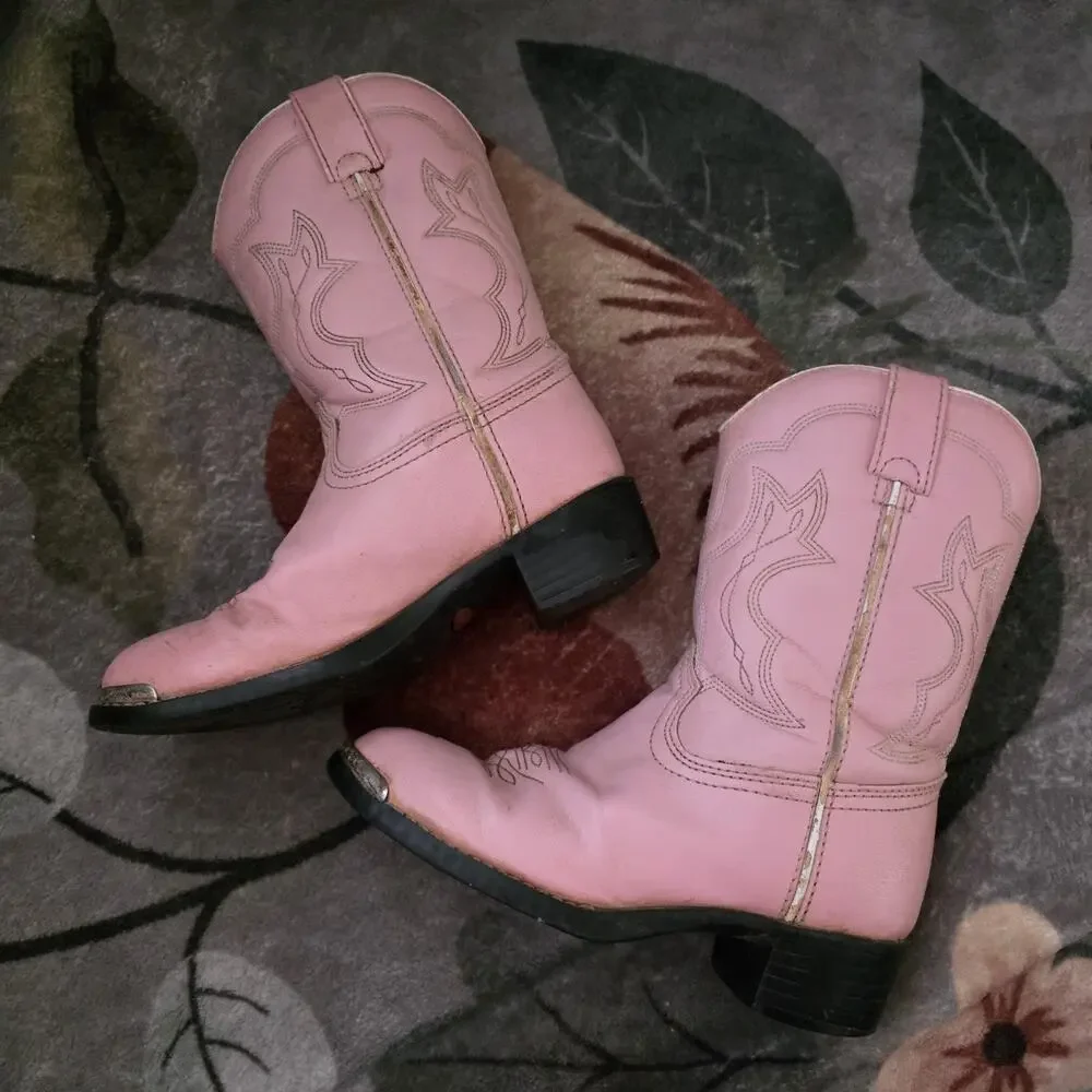Durango Pink Western Cowgirl Boots Girls Youth Size 2D Faux Vegan Leather Cowboy